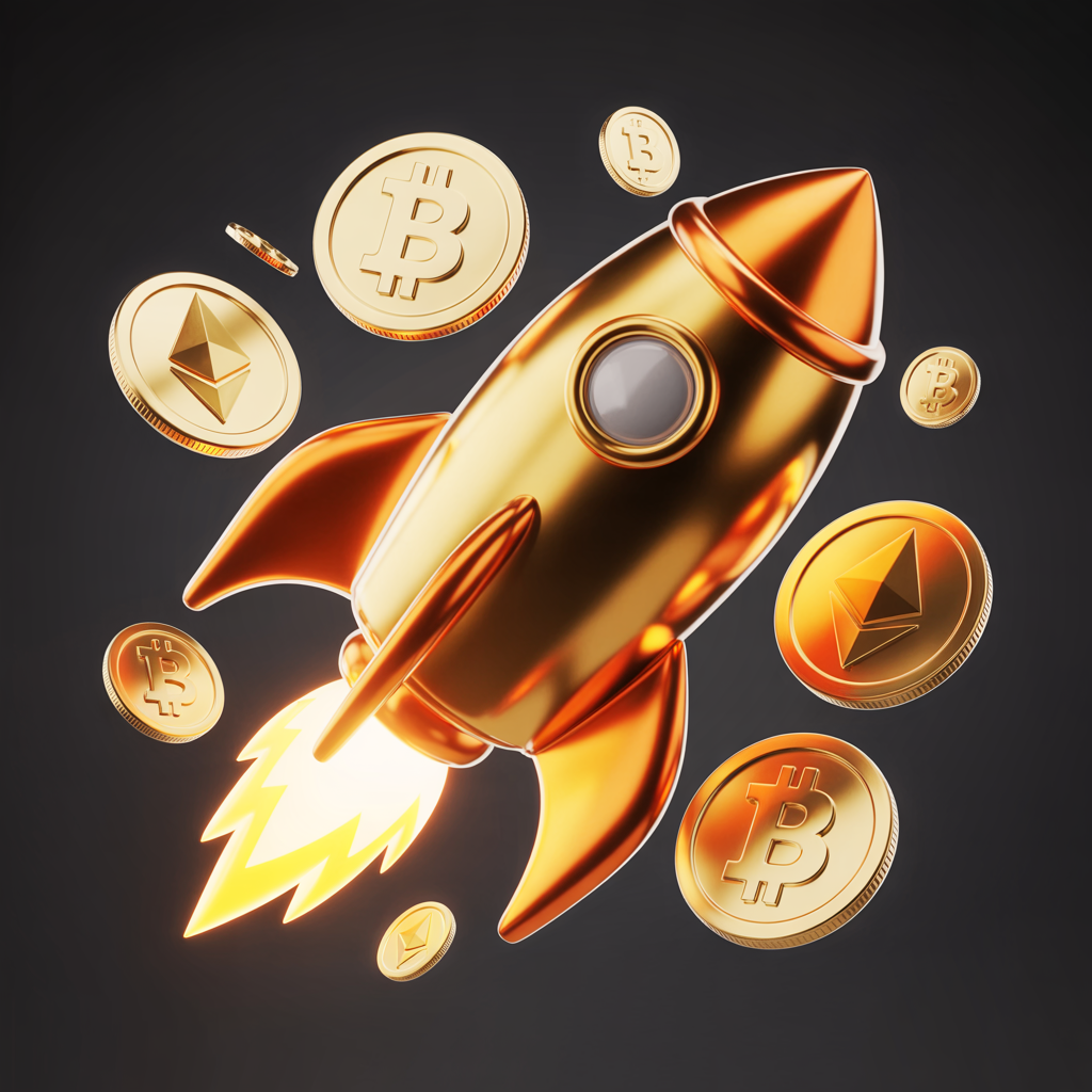 Golden metallic rocket with cryptocurrency coins orbiting around it